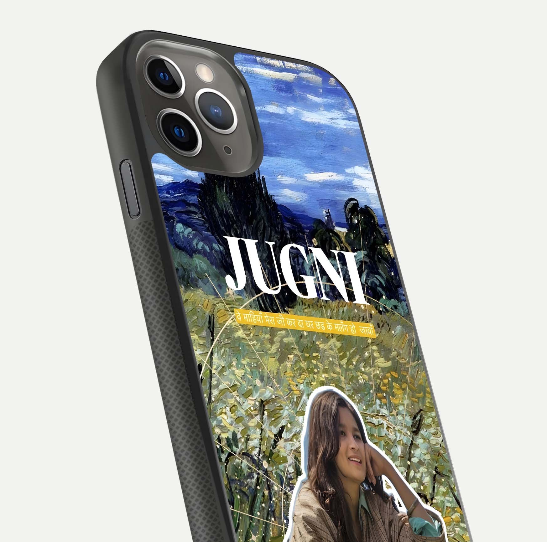 Jugni Soul Vibes Glass Case for iPhone 11 Pro Max side-angle image with stylish typography and HD finish