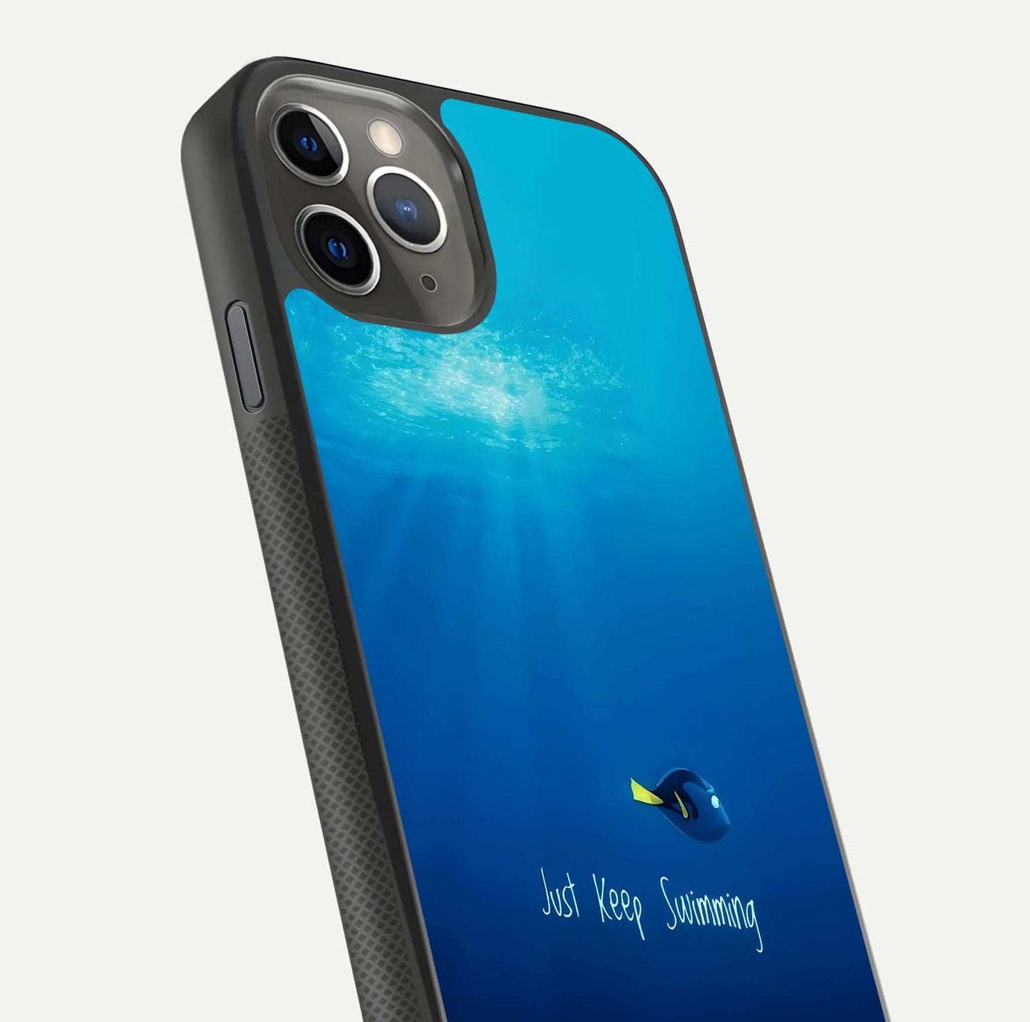 Just Keep Swimming Glass Case for iPhone 11 Pro Max side-angle image highlighting reflective surface and positive quote