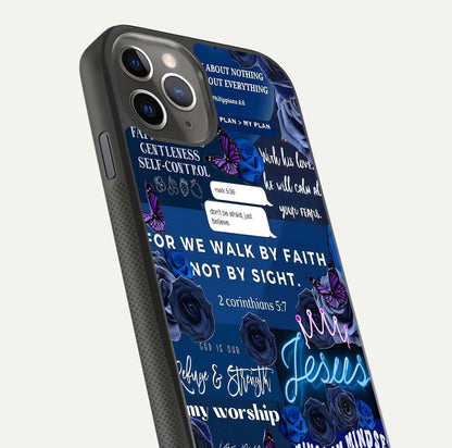 Kingdom Faith Glow Glass Case for iPhone 11 Pro Max side-angle image with reflective cross and faith glow