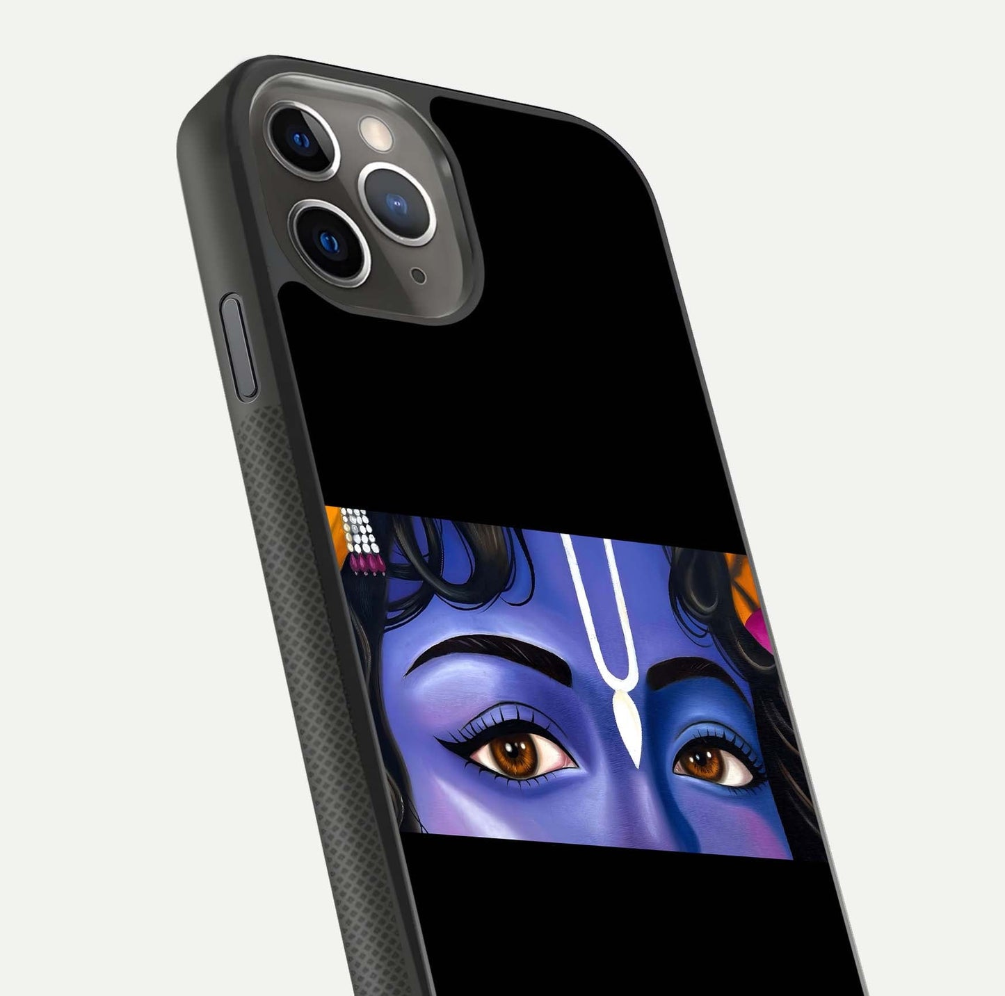 Krishna Eye Glass Case for iPhone 11 Pro Max side-angle image showing reflection clarity and Krishna symbol design