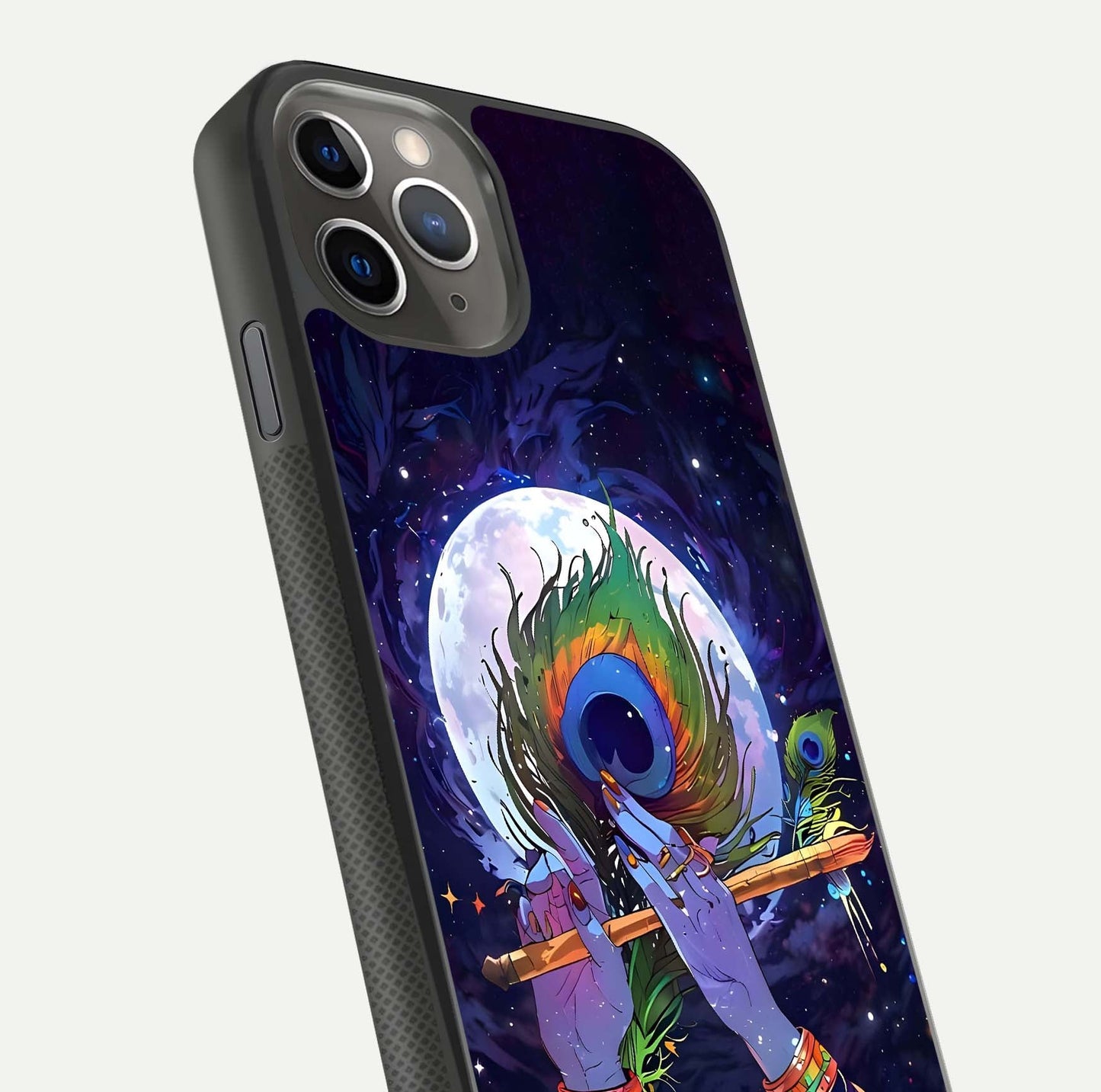 Krishna Hands Art Glass Case for iPhone 11 Pro Max side-angle image highlighting reflection brightness and vivid print