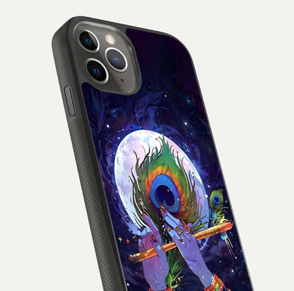 Krishna Hands Art Glass Case for iPhone 11 Pro Max side-angle image highlighting reflection brightness and vivid print
