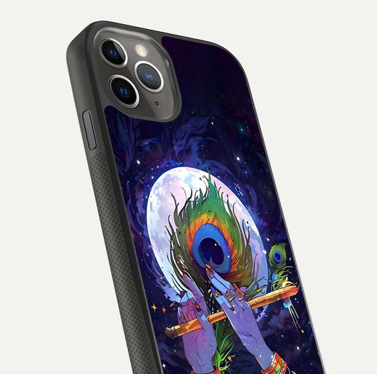 Krishna Hands Art Glass Case for iPhone 11 Pro Max side-angle image highlighting reflection brightness and vivid print