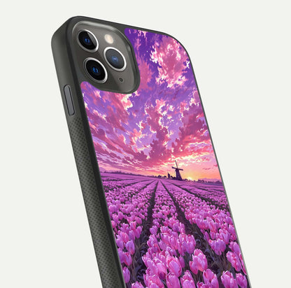 Lavender Dream Skies Glass Case for iPhone 11 Pro Max side-angle image showing reflection depth and serene tones