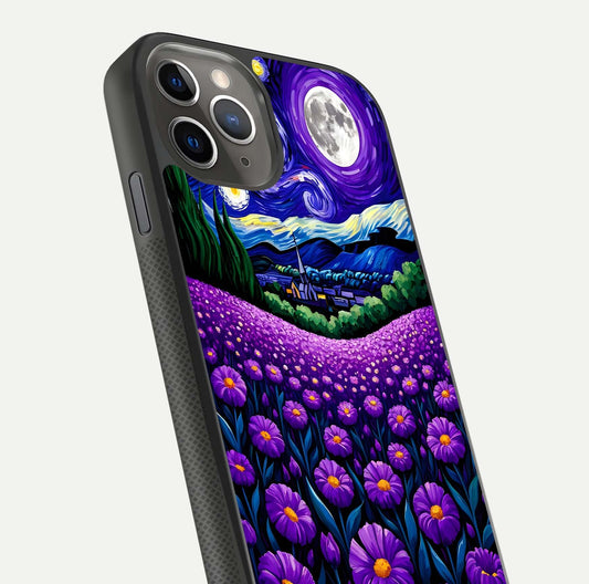 Lavender Moon Field Glass Case for iPhone 11 Pro Max side-angle image showing HD reflection and moonlit lavender art