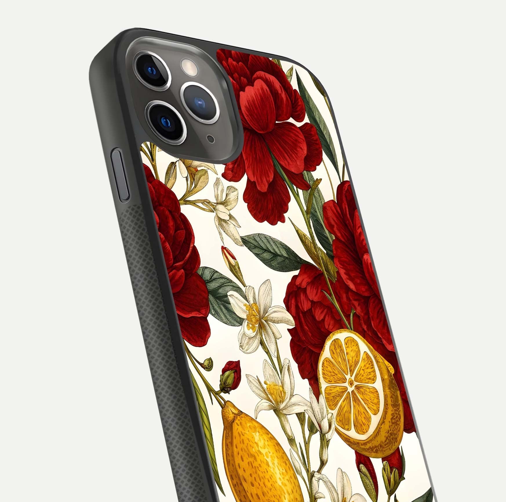 Lemon Rose Charm Glass Case for iPhone 11 Pro Max side-angle image revealing reflection depth and vibrant flower art