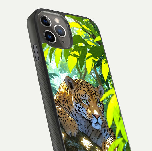 Leopard in Jungle Glass Case for iPhone 11 Pro Max side-angle shot emphasizing contrast and fierce design clarity