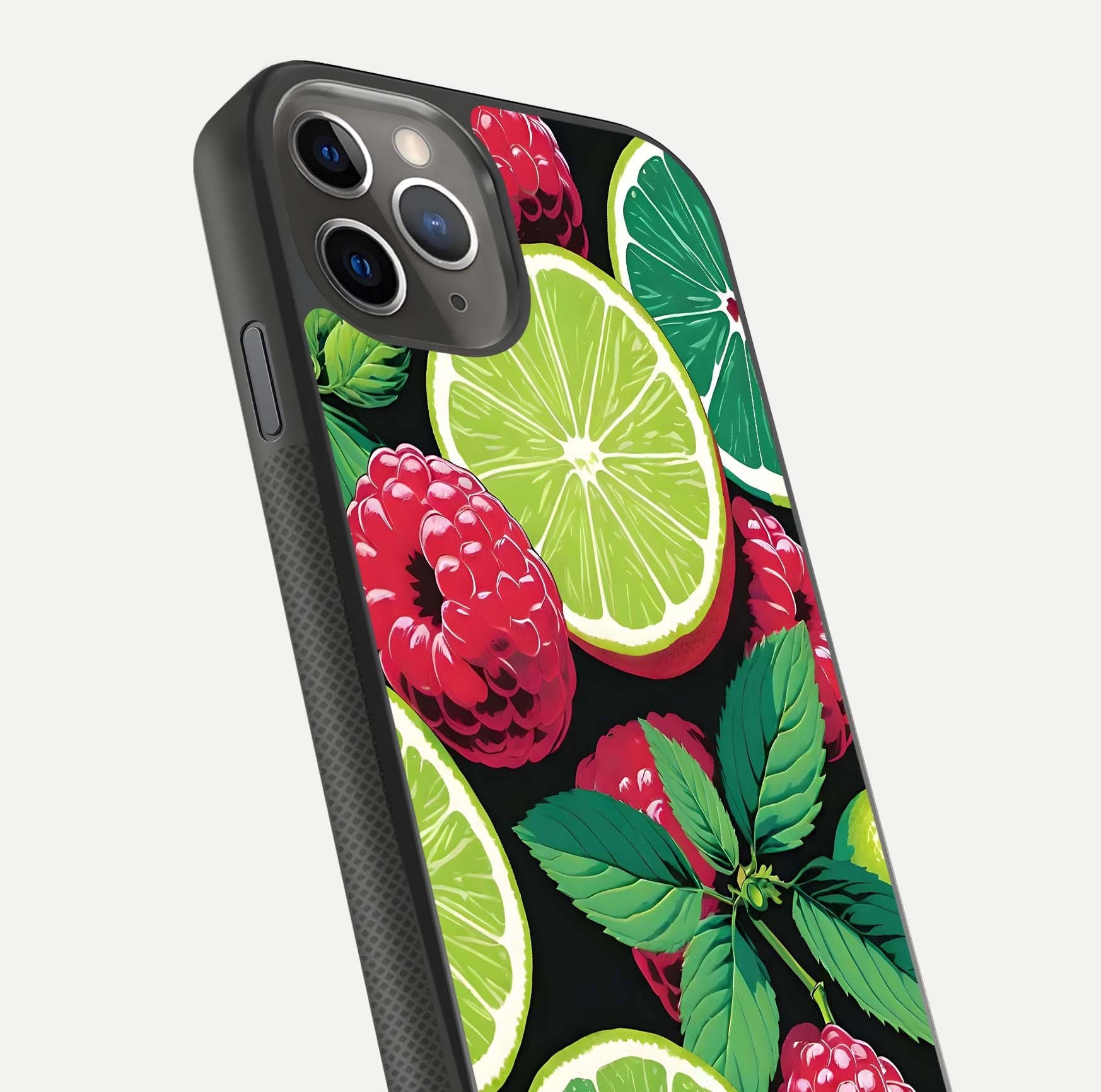 Lime and Raspberry Pattern Glass Case for iPhone 11 Pro Max side-angle view revealing colorful fruit artwork details