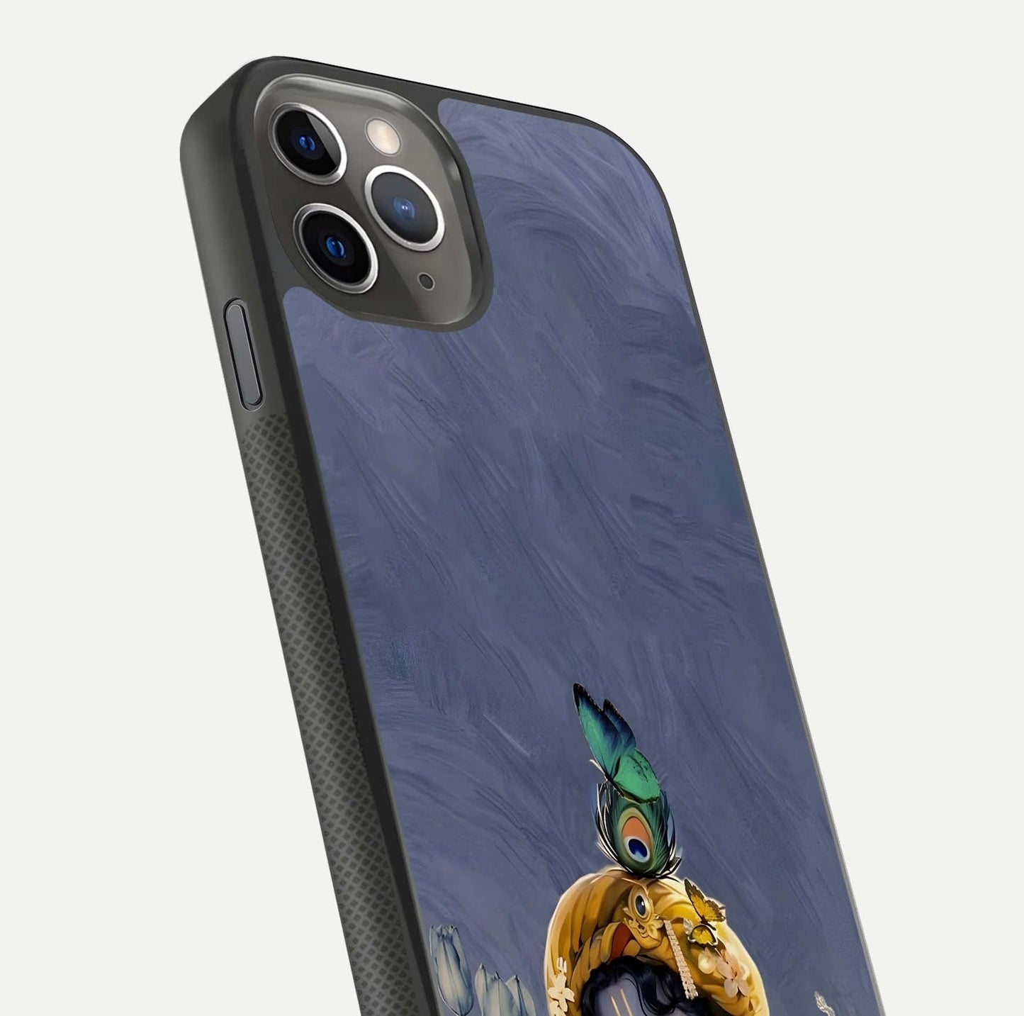 Lord Krishna Glass Case for iPhone 11 Pro Max side-angle image emphasizing premium reflection and sacred motif
