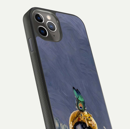 Lord Krishna Glass Case for iPhone 11 Pro Max side-angle image emphasizing premium reflection and sacred motif