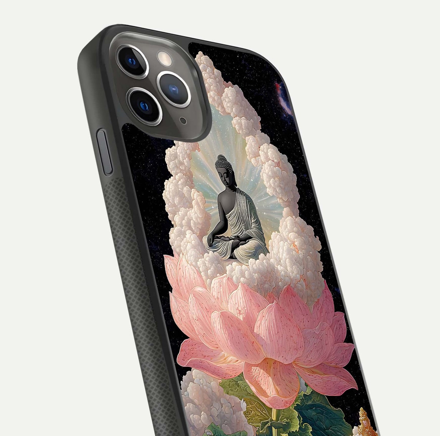 Lotus Divine Peace Glass Case for iPhone 11 Pro Max side-angle shot showing elegant shine and floral symmetry