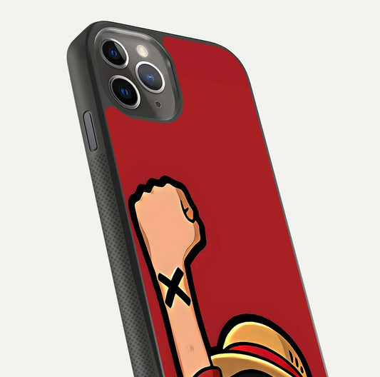 Luffy X Spirit Glass Case for iPhone 11 Pro Max side-angle image highlighting reflection strength and anime print