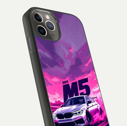 MS Neon Car Glass Case for iPhone 11 Pro Max side-angle image showing glow reflection and car detailing