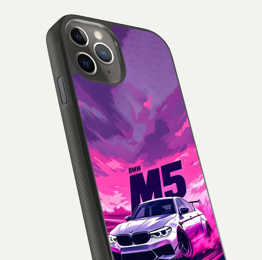 MS Neon Car Glass Case for iPhone 11 Pro Max side-angle image showing glow reflection and car detailing