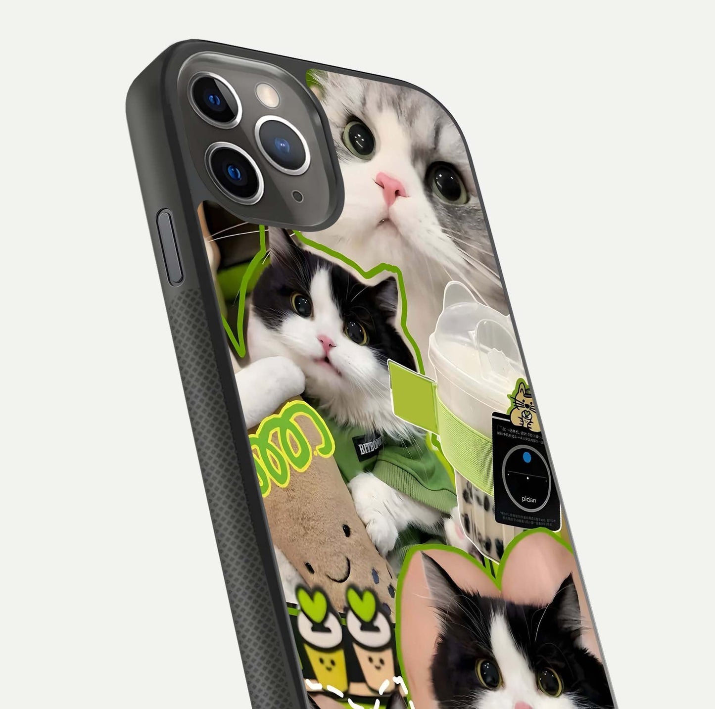 Matcha Cats Mood Glass Case for iPhone 11 Pro Max side-angle image showing shine clarity and cat pattern charm