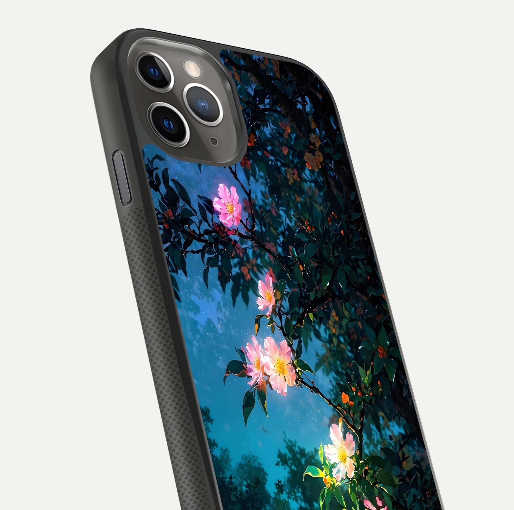 Midnight Bloom Glow Glass Case for iPhone 11 Pro Max side-angle image revealing reflection and deep midnight hues