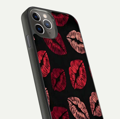 Midnight Kiss Love Glass Case for iPhone 11 Pro Max side-angle image revealing gloss texture and deep love motif