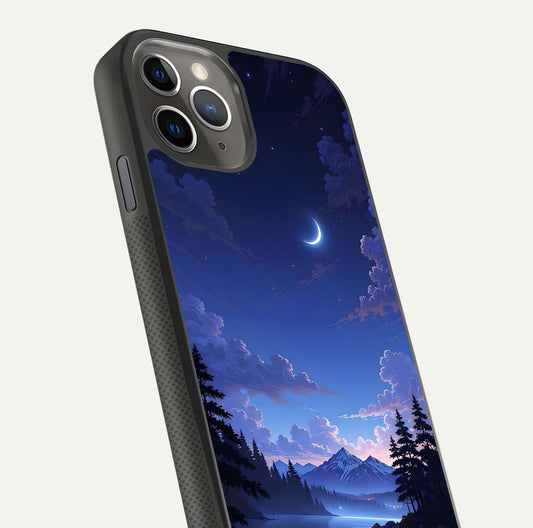 Midnight Lake Peace Glass Case for iPhone 11 Pro Max side-angle image showing HD shine and tranquil color tones