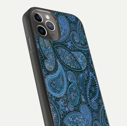 Midnight Paisley Glow Glass Case for iPhone 11 Pro Max side-angle image revealing reflective gloss and paisley art