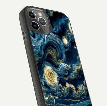 Midnight Sky Whirl Glass Case for iPhone 11 Pro Max side-angle image showing reflection depth and galaxy pattern