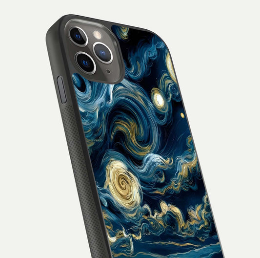 Midnight Sky Whirl Glass Case for iPhone 11 Pro Max side-angle image showing reflection depth and galaxy pattern