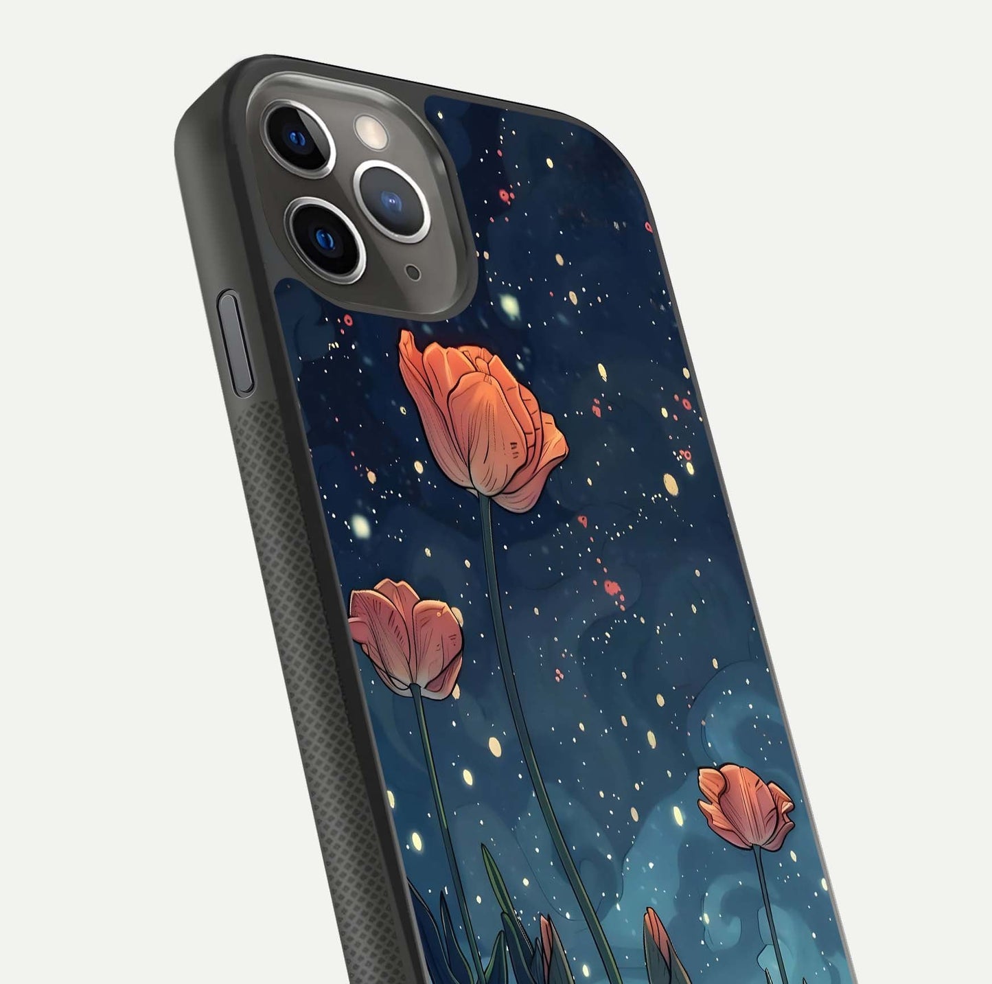 Midnight Tulip Glow Glass Case for iPhone 11 Pro Max side-angle image showing shine depth and flower artwork