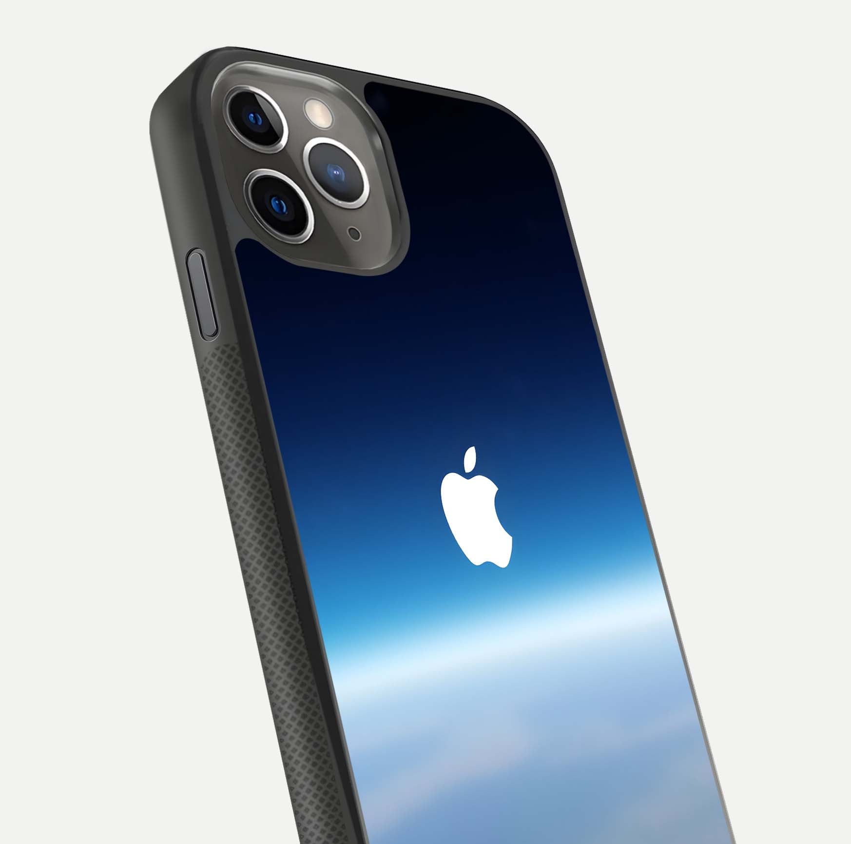 Minimal Apple Sky Glass Case for iPhone 11 Pro Max side-angle image showing smooth reflection and gentle sky tone