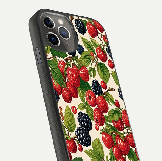 Mixed Berry Collage Glass Case for iPhone 11 Pro Max side-angle image showing reflection and HD fruit texture