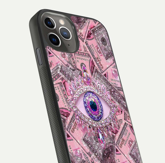 Money Eye Luxe Glass Case for iPhone 11 Pro Max side-angle image showing HD reflection and luxury print clarity