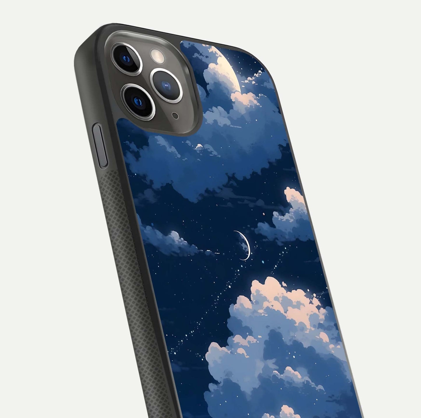 Moon Dream Haze Glass Case for iPhone 11 Pro Max side-angle image showing HD reflection and moonlight detailing
