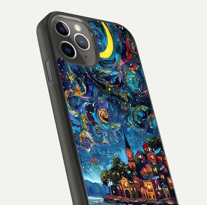 Moonlight Harbor Glow Glass Case for iPhone 11 Pro Max side-angle image showing reflective surface and ocean tones