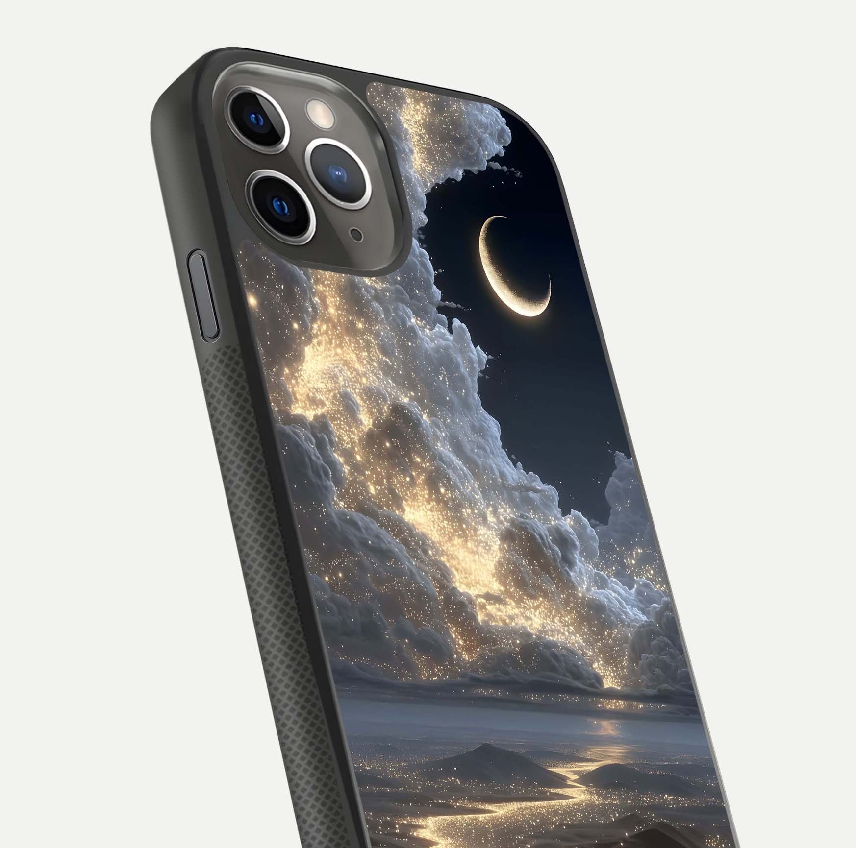 Moonlight Spark Path Glass Case for iPhone 11 Pro Max side-angle image showing reflection and moonlit detail