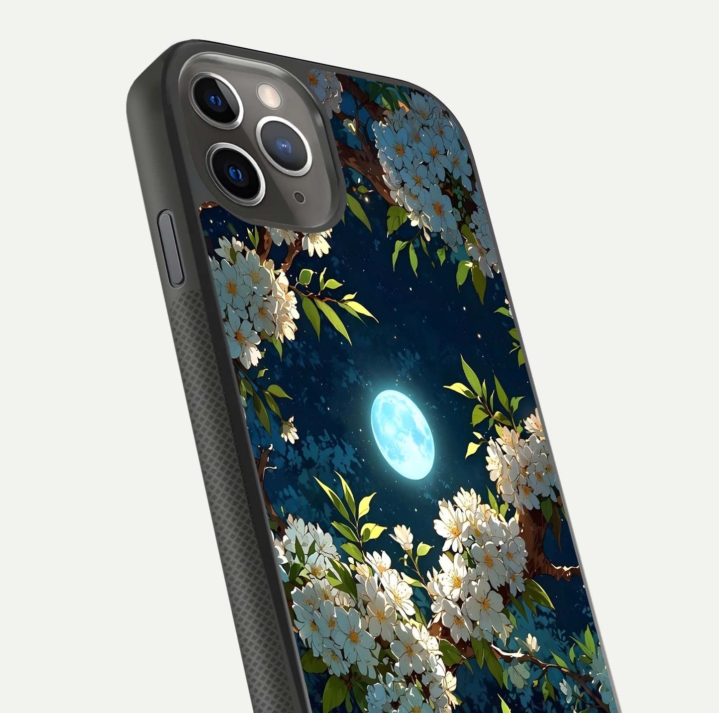 Moonlit Blossom Dream Glass Case for iPhone 11 Pro Max side-angle image showing shine depth and flower glow