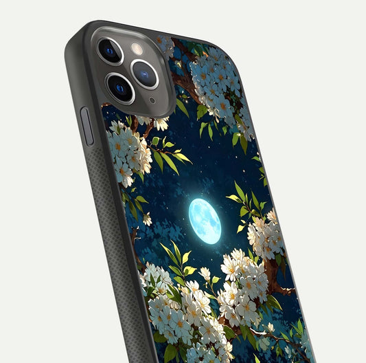 Moonlit Blossom Dream Glass Case for iPhone 11 Pro Max side-angle image showing shine depth and flower glow