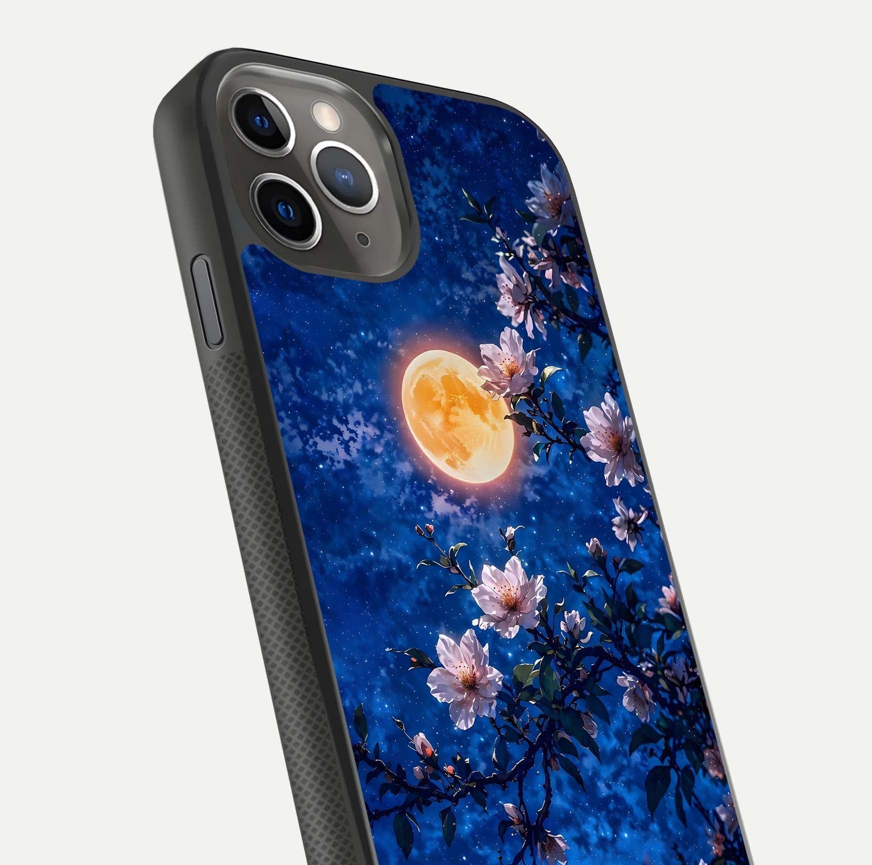 Moonlit Blossoms Night Glass Case for iPhone 11 Pro Max side-angle image revealing shine and night bloom texture