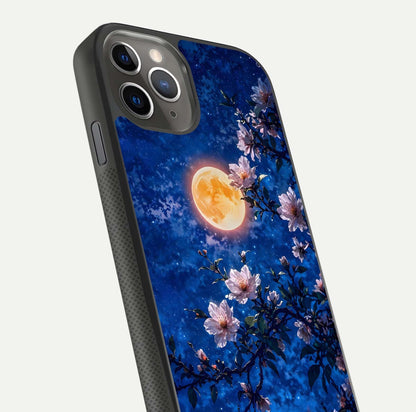 Moonlit Blossoms Night Glass Case for iPhone 11 Pro Max side-angle image revealing shine and night bloom texture