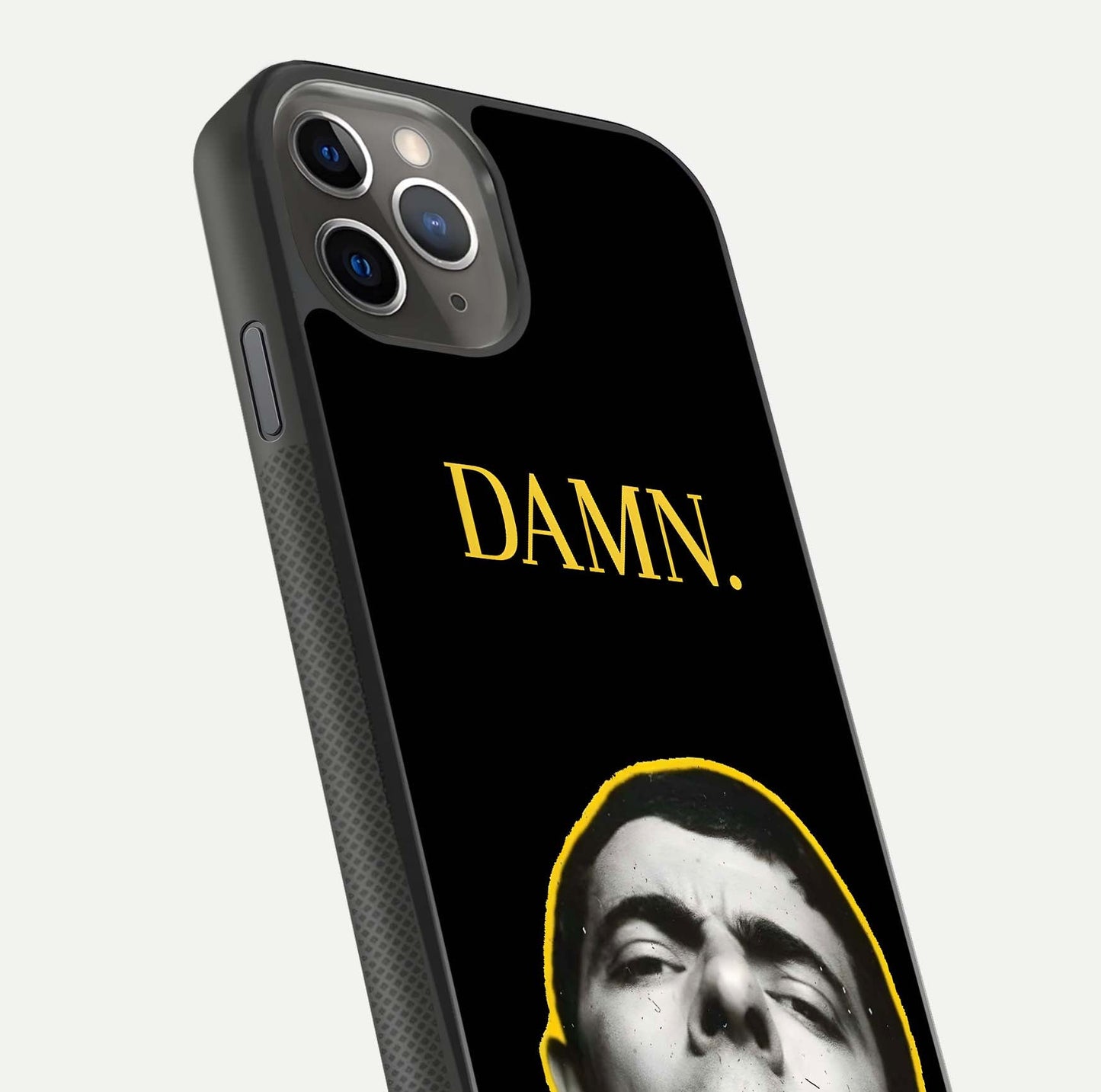 Mr Bean Damn Glass Case for iPhone 11 Pro Max side-angle image emphasizing HD print clarity and playful theme