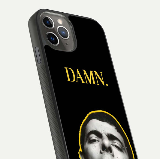 Mr Bean Damn Glass Case for iPhone 11 Pro Max side-angle image emphasizing HD print clarity and playful theme