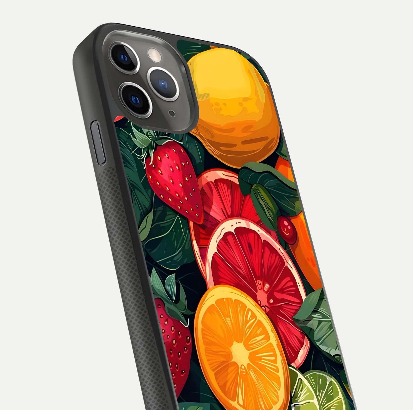 Multiple Fruits Glass Case for iPhone 11 Pro Max side-angle image showing glossy surface and vivid fruit pattern