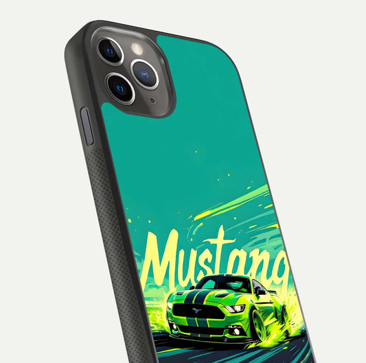 Mustang Bang Glass Case for iPhone 11 Pro Max side-angle image showing reflection clarity and bold car artwork