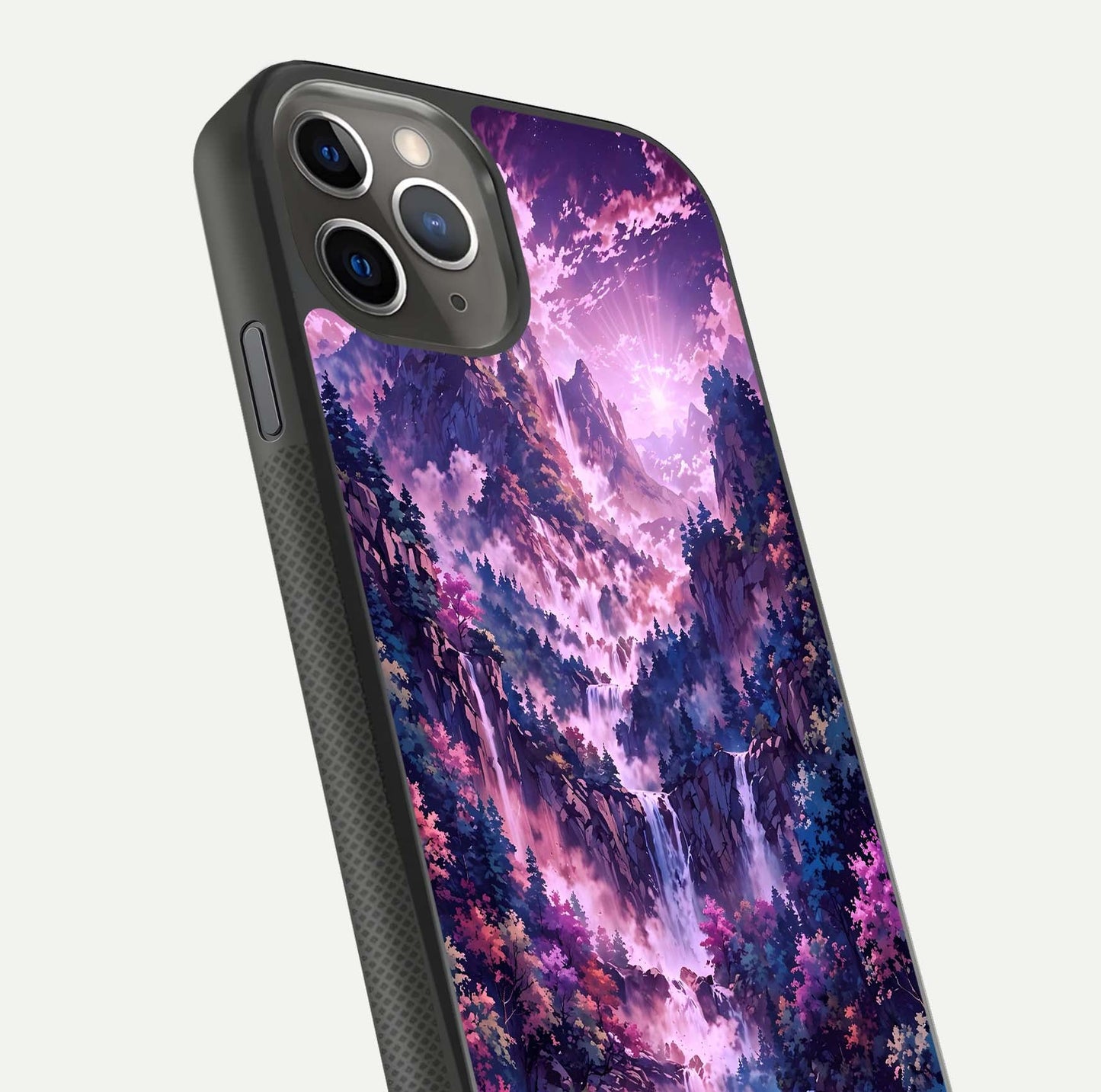 Mystic Cascade Peaks Glass Case for iPhone 11 Pro Max side-angle image showing reflection and scenic art clarity