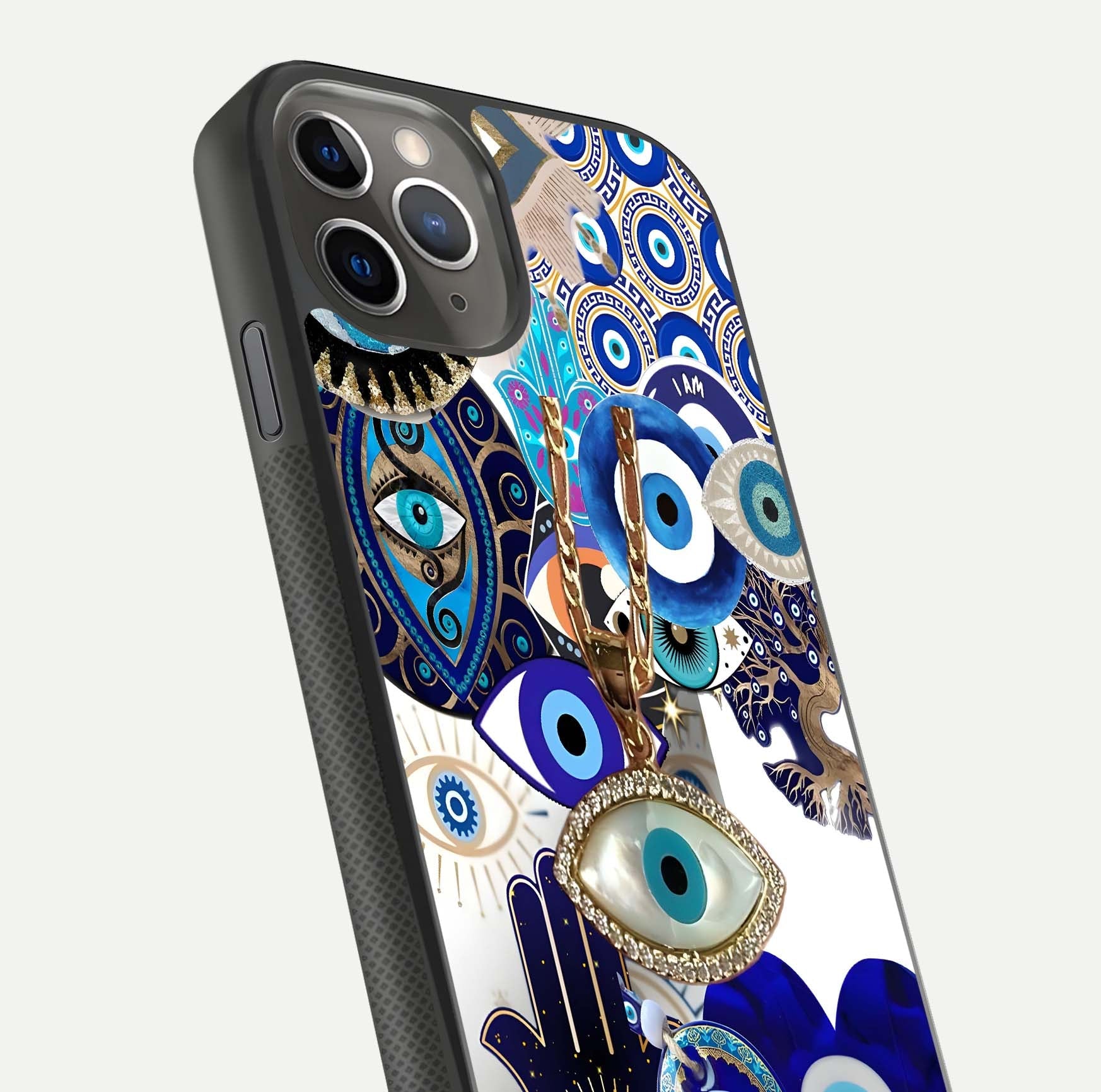 Mystic Charm Eye Glass Case for iPhone 11 Pro Max side-angle image showing HD reflection and sacred tone