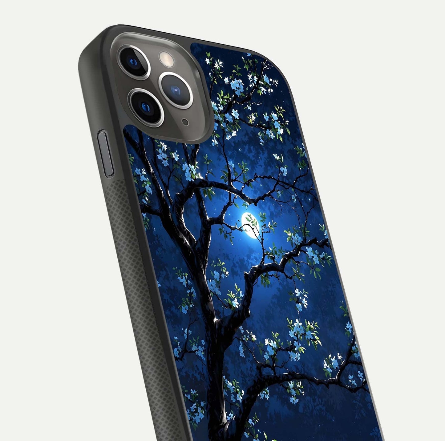 Mystic Floral Night Glass Case for iPhone 11 Pro Max side-angle image showing gloss surface and midnight floral tones