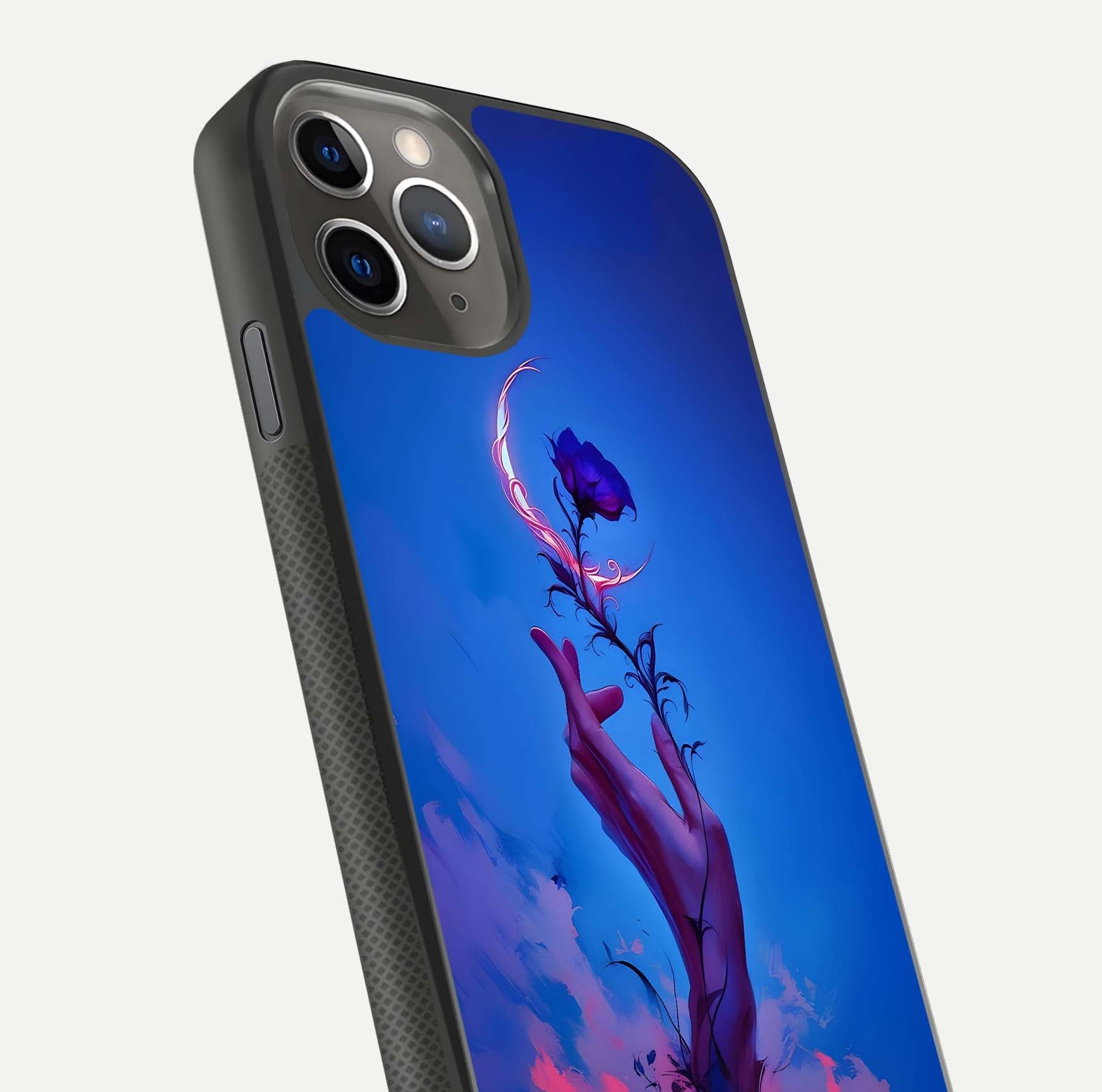 Mystic Hand Glass Case for iPhone 11 Pro Max side-angle image showing reflection depth and sacred aesthetic