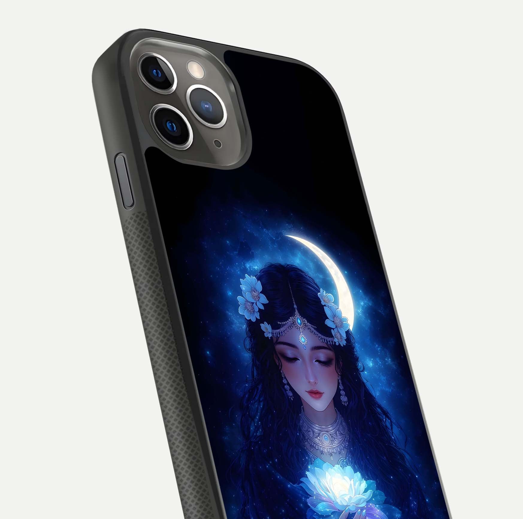 Mystic Moon Queen Glass Case for iPhone 11 Pro Max side-angle image showing reflection and celestial details