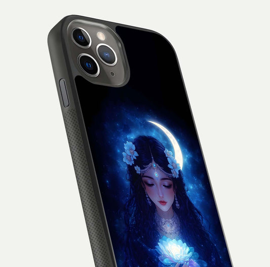 Mystic Moon Queen Glass Case for iPhone 11 Pro Max side-angle image showing reflection and celestial details