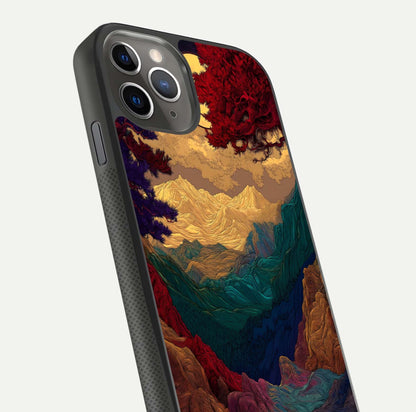 Mystic Valley Light Glass Case for iPhone 11 Pro Max side-angle image showing shine and peaceful hues