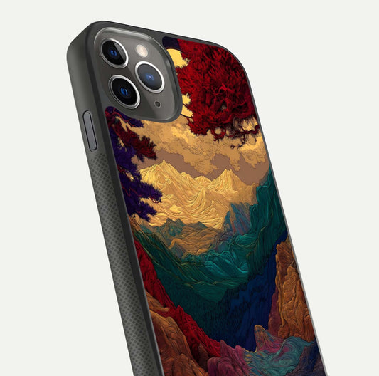 Mystic Valley Light Glass Case for iPhone 11 Pro Max side-angle image showing shine and peaceful hues