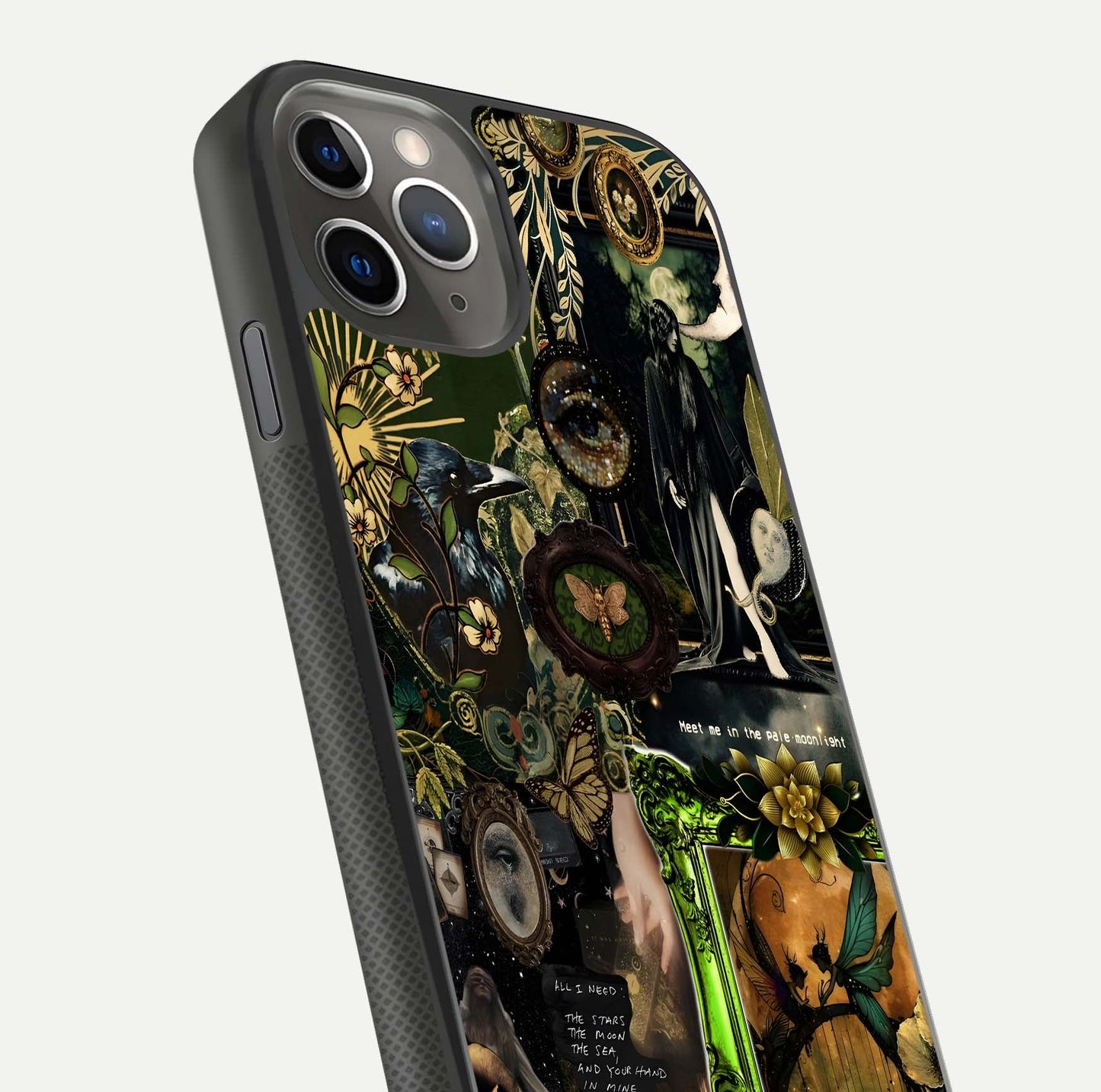 Mystic Woods Secret Glass Case for iPhone 11 Pro Max side-angle image showing gloss reflection and forest pattern