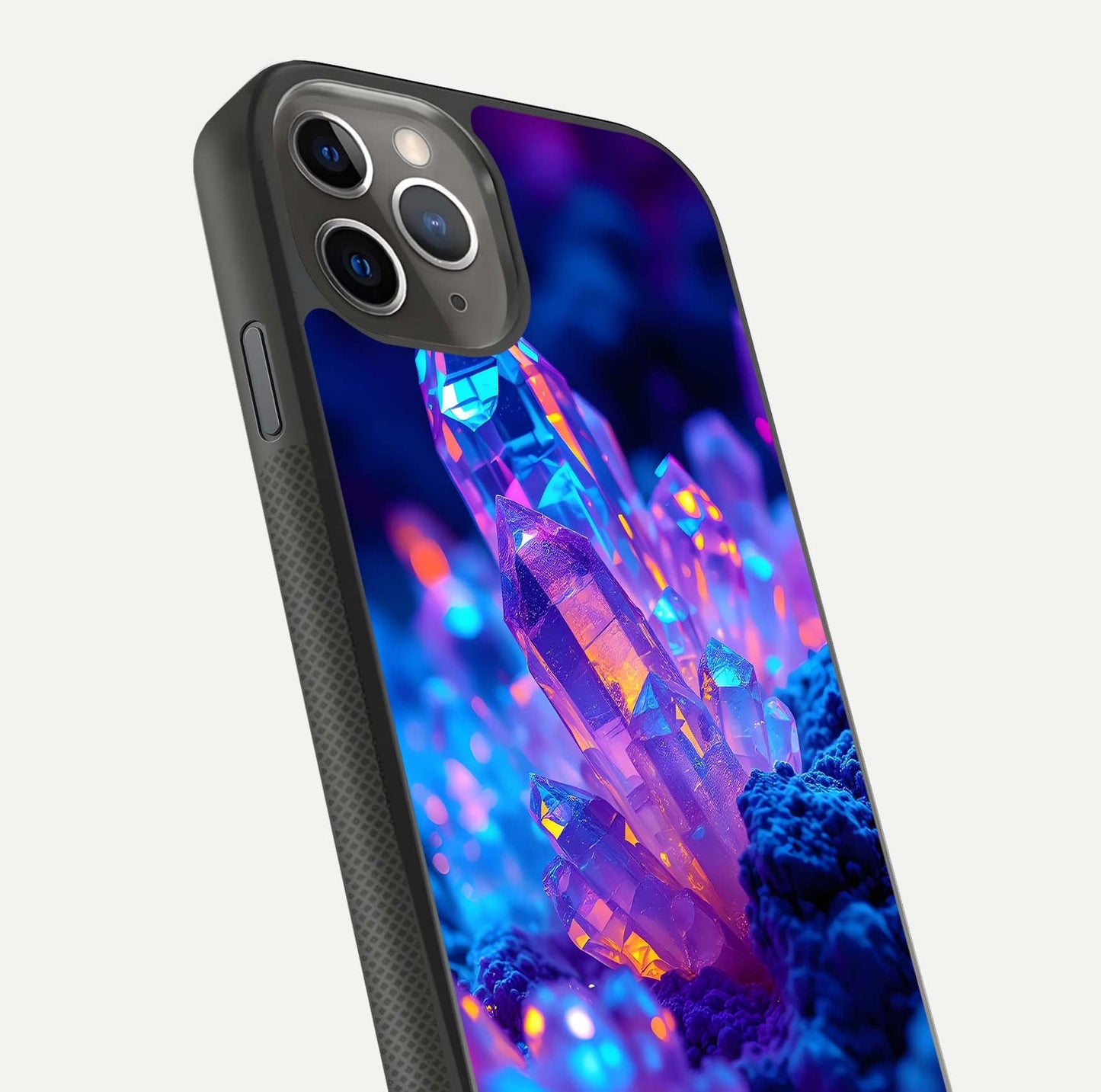 Neon Aura Shards Glass Case for iPhone 11 Pro Max side-angle image showing light depth and glossy contrast